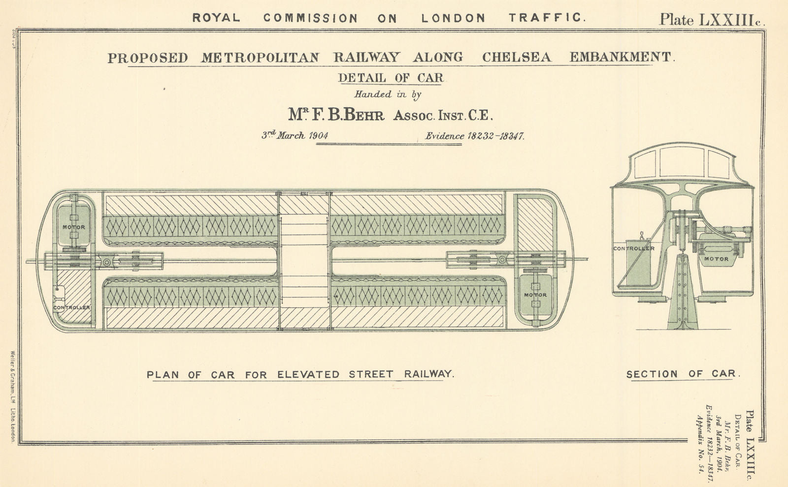 Royal Commission. Proposed Chelsea Embankment elevated railway carriage 1906